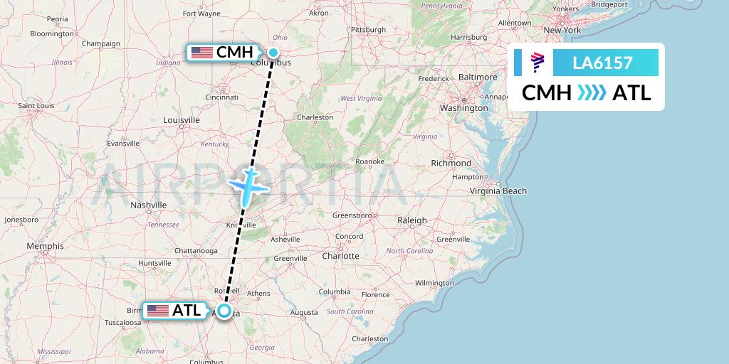 LA6157 LAN Airlines Flight Map: Columbus to Atlanta