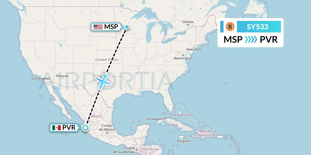 SY533 Sun Country Airlines Flight Map: Minneapolis to Puerto Vallarta