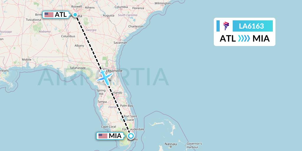 LA6163 LAN Airlines Flight Map: Atlanta to Miami