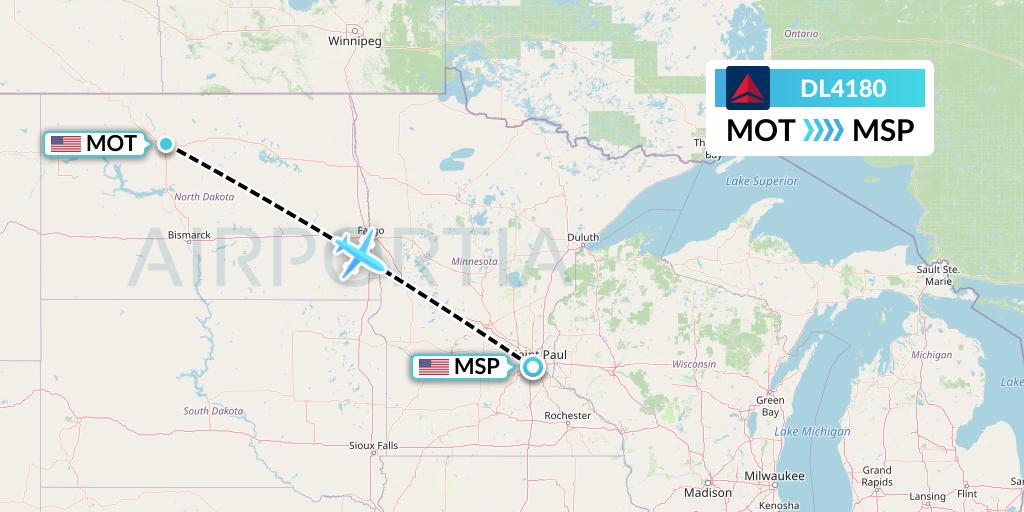 DL4180 Delta Air Lines Flight Map: Minot to Minneapolis