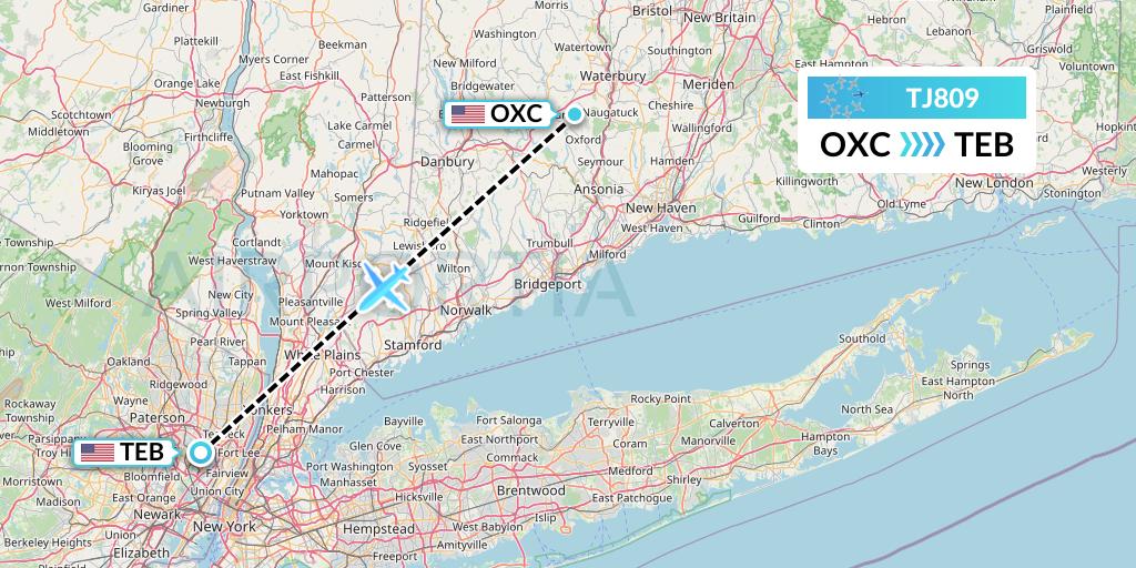 TJ809 Tradewind Aviation Flight Map: Oxford to Teterboro