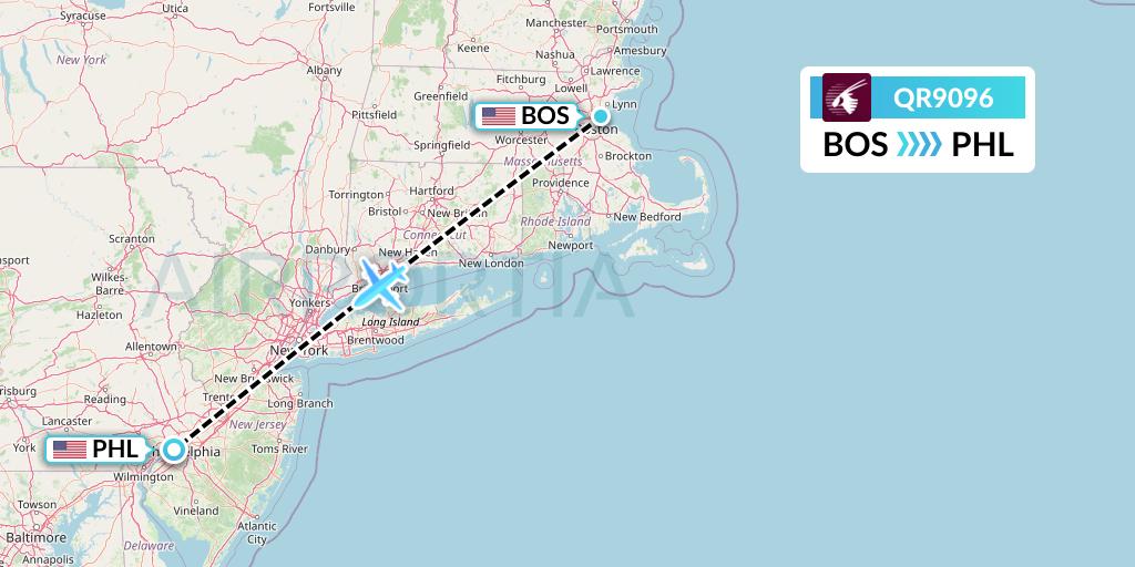 QR9096 Qatar Airways Flight Map: Boston to Philadelphia