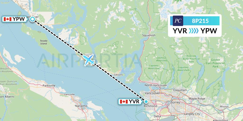 8P215 Pacific Coastal Airlines Flight Map: Vancouver to Powell River