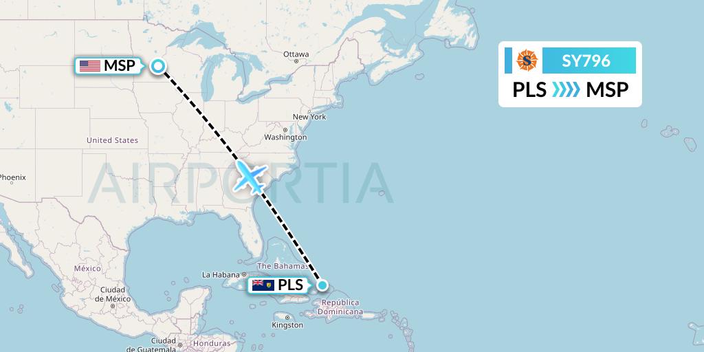 SY796 Sun Country Airlines Flight Map: Providenciales to Minneapolis