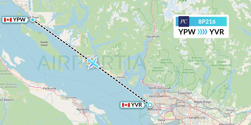 8P216 Pacific Coastal Airlines Flight Map: Powell River to Vancouver