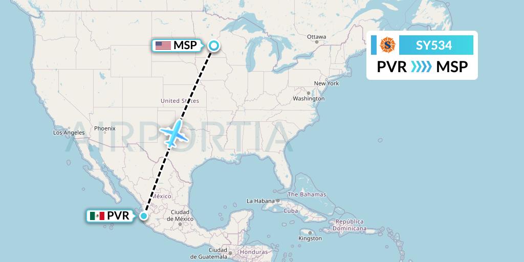 SY534 Sun Country Airlines Flight Map: Puerto Vallarta to Minneapolis