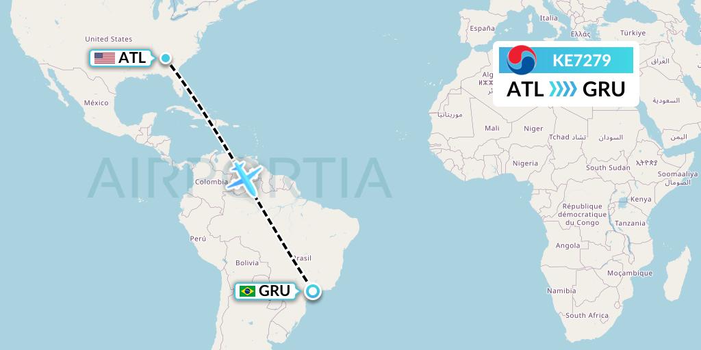 KE7279 Korean Air Flight Map: Atlanta to Sao Paulo