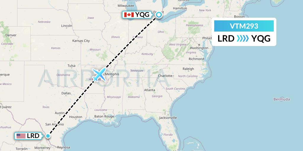 VTM293 Aeronaves TSM Flight Map: Laredo to Windsor