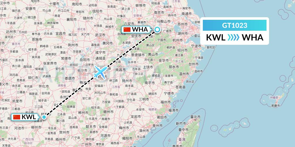 GT1023 Air Guilin Flight Map: Guilin to Wuhu