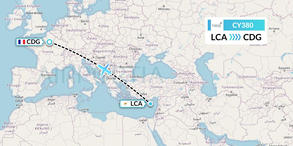 CY380 Cyprus Airways Flight Map: Larnaca to Paris