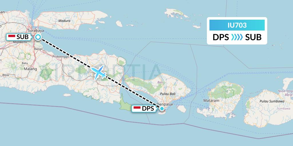 IU703 Pt. Super Air Jet Flight Map: Denpasar to Surabaya