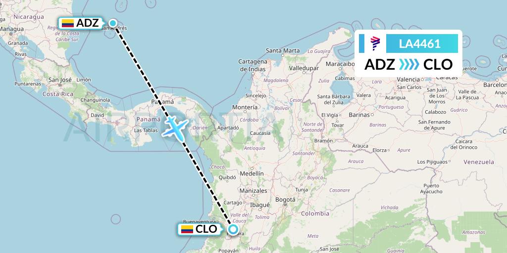 LA4461 LAN Airlines Flight Map: San Andres Island to Cali