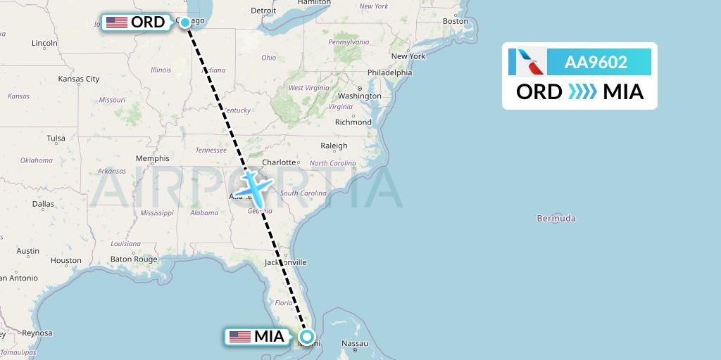 AA9602 American Airlines Flight Map: Chicago to Miami