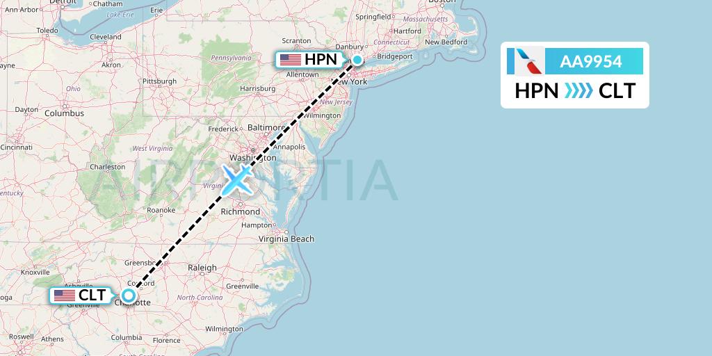AA9954 American Airlines Flight Map: White Plains to Charlotte