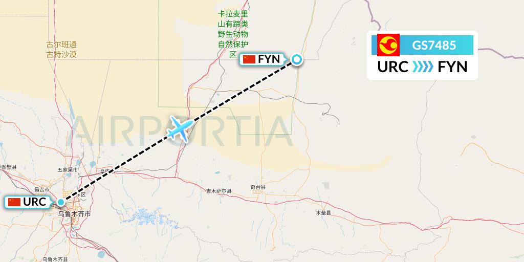 GS7485 Tianjin Airlines Flight Map: Urumqi to Fuyun