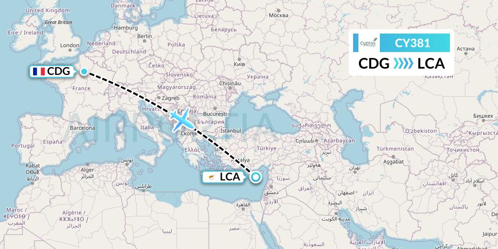 CY381 Cyprus Airways Flight Map: Paris to Larnaca