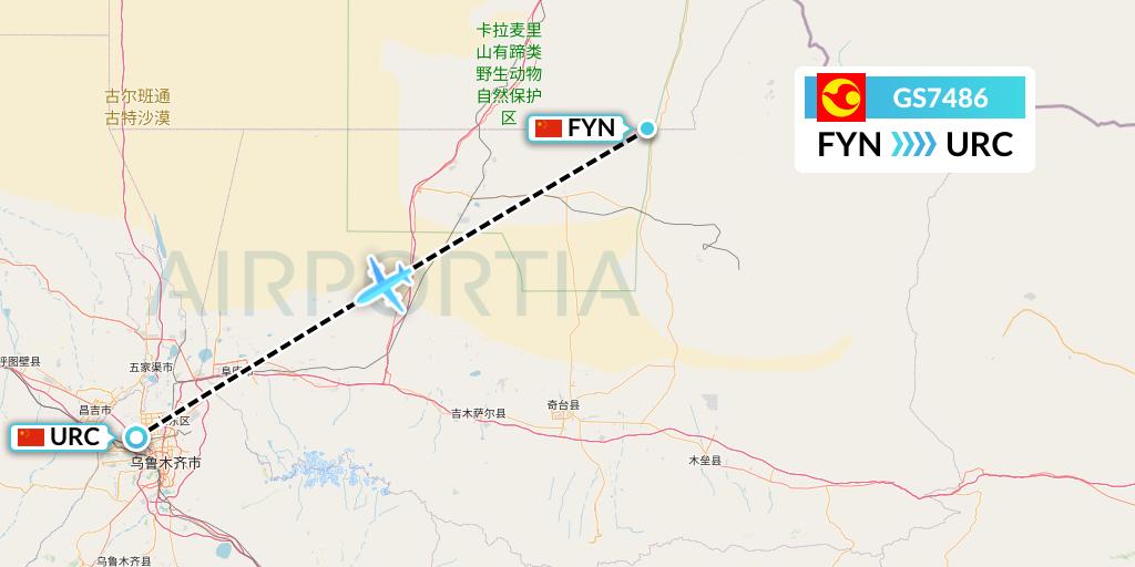 GS7486 Tianjin Airlines Flight Map: Fuyun to Urumqi