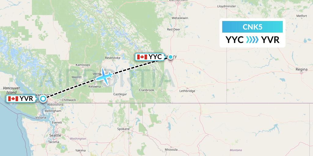 CNK5 Sunwest Aviation Flight Map: Calgary to Vancouver