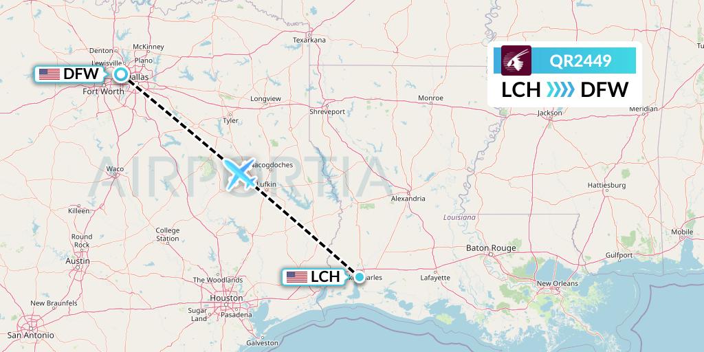 QR2449 Qatar Airways Flight Map: Lake Charles to Dallas