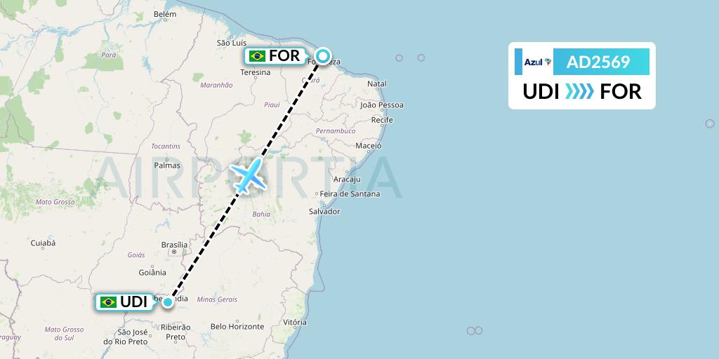 AD2569 Azul Brazilian Airlines Flight Map: Uberlandia to Fortaleza