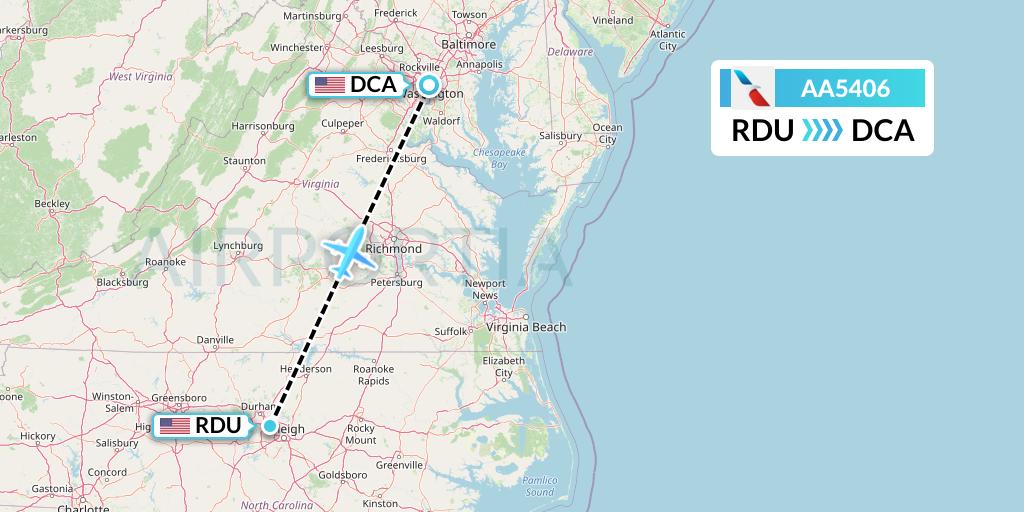 AA5406 American Airlines Flight Map: Raleigh-Durham to Washington