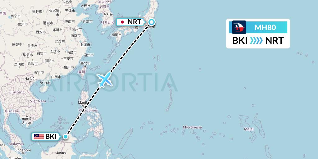 MH80 Malaysia Airlines Flight Map: Kota Kinabalu to Tokyo