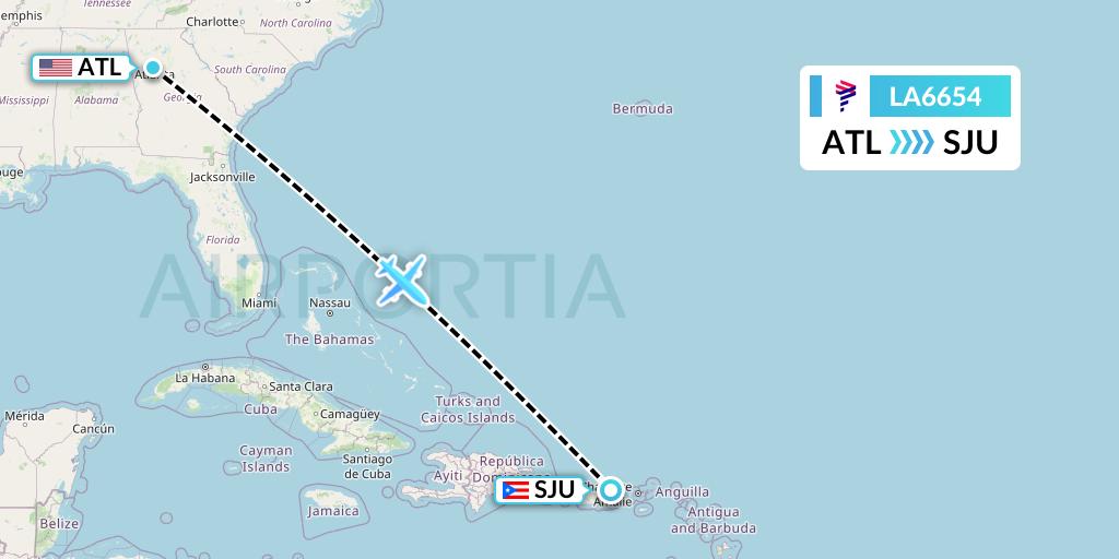 LA6654 LAN Airlines Flight Map: Atlanta to San Juan