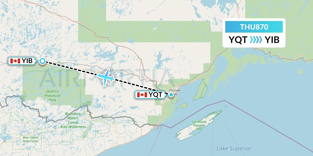THU870 Thunder Airlines Flight Map: Thunder Bay to Atikokan