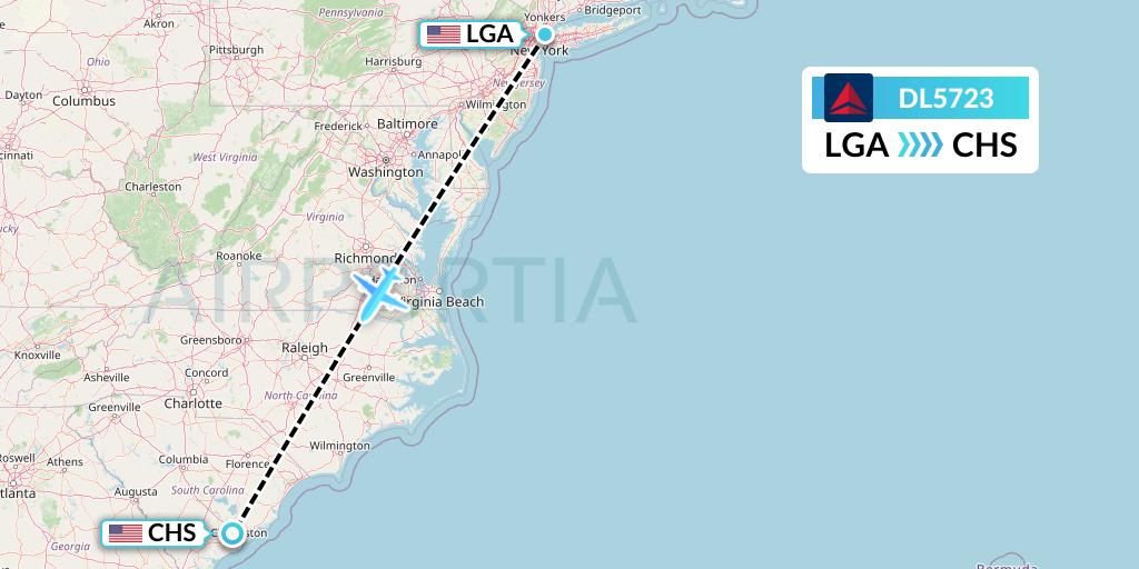 DL5723 Delta Air Lines Flight Map: New York to Charleston