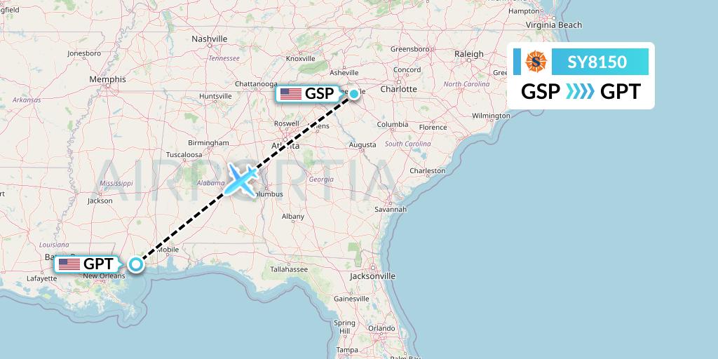 SY8150 Sun Country Airlines Flight Map: Greenville-Spartanburg to Gulfport