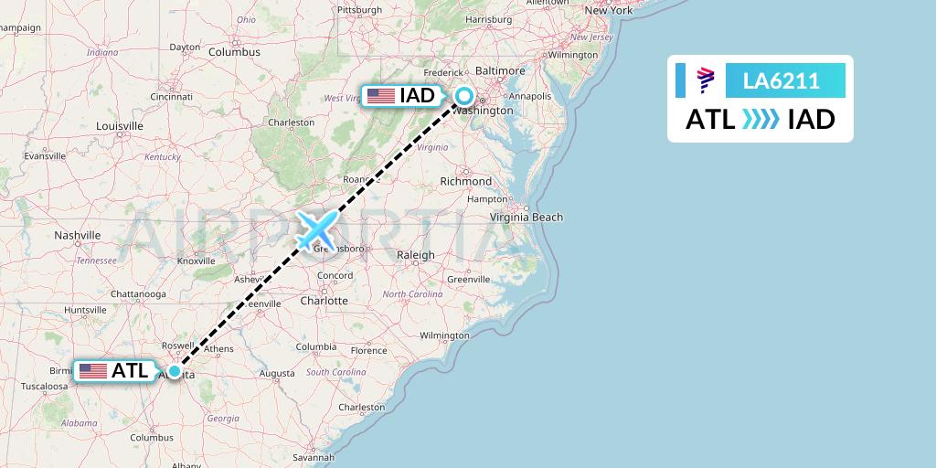 LA6211 LAN Airlines Flight Map: Atlanta to Washington
