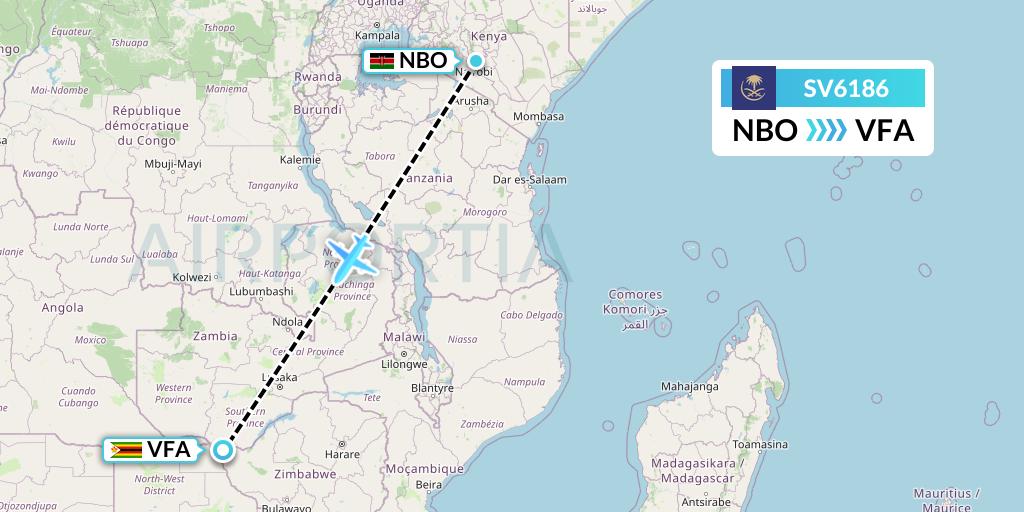 SV6186 Saudi Arabian Airlines Flight Map: Nairobi to Victoria Falls