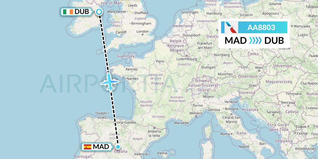AA8803 American Airlines Flight Map: Madrid to Dublin