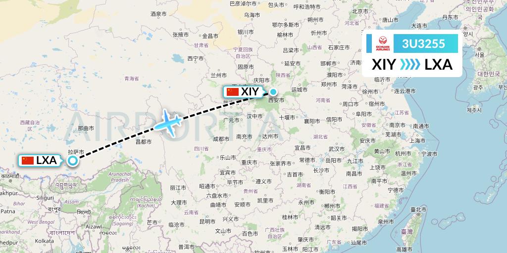 3U3255 Sichuan Airlines Flight Map: Xi'an to Lhasa