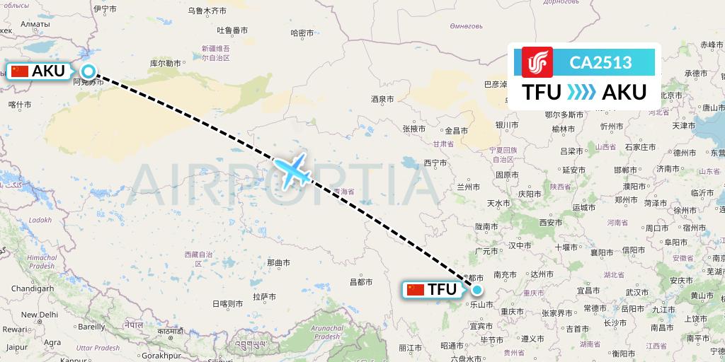 CA2513 Air China Flight Map: Chengdu to Aksu