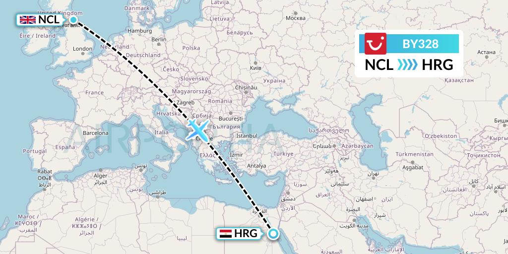 BY328 TUI Airways Flight Map: Newcastle to Hurghada