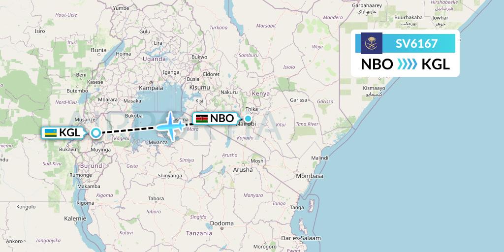 SV6167 Saudi Arabian Airlines Flight Map: Nairobi to Kigali