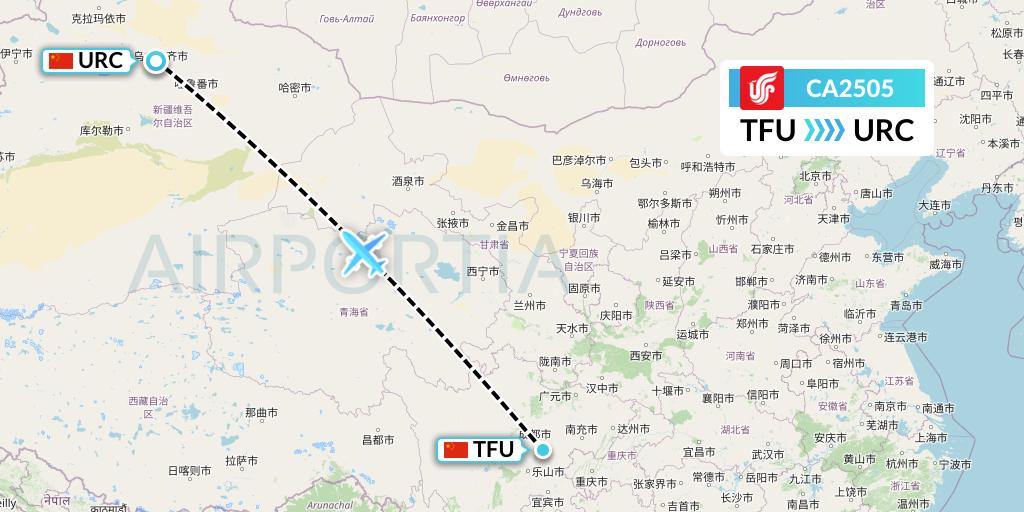 CA2505 Air China Flight Map: Chengdu to Urumqi