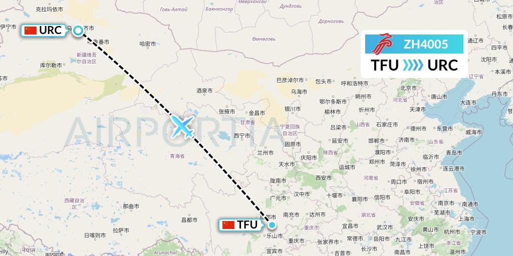 ZH4005 Shenzhen Airlines Flight Map: Chengdu to Urumqi