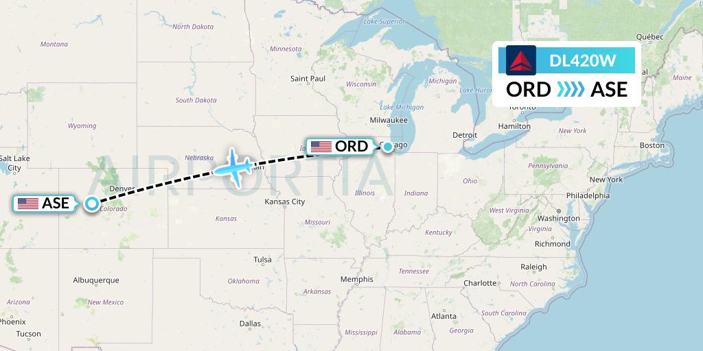 DL420W Delta Air Lines Flight Map: Chicago to Aspen