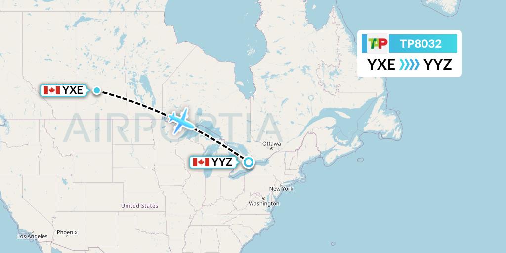 TP8032 TAP Portugal Flight Map: Saskatoon to Toronto