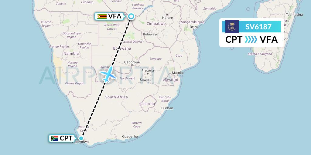 SV6187 Saudi Arabian Airlines Flight Map: Cape Town to Victoria Falls