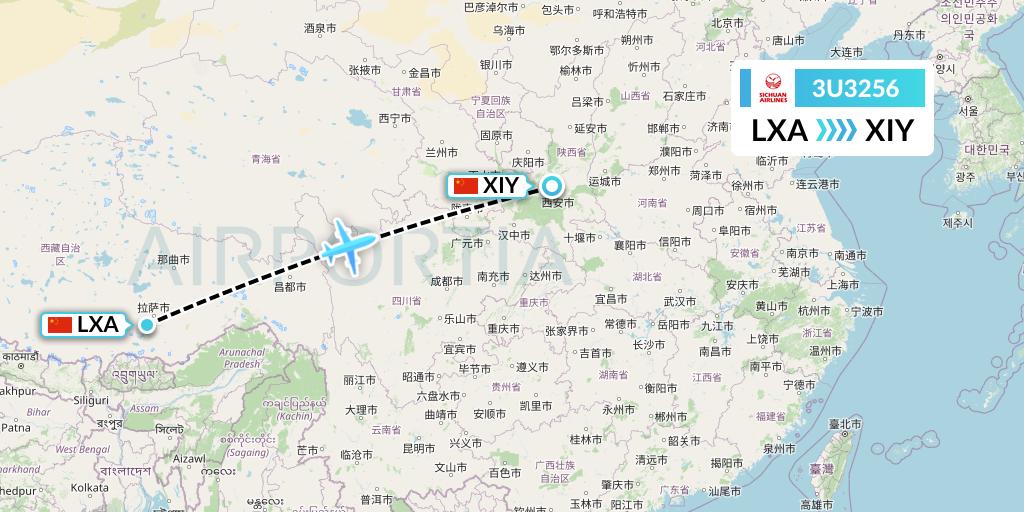 3U3256 Sichuan Airlines Flight Map: Lhasa to Xi'an