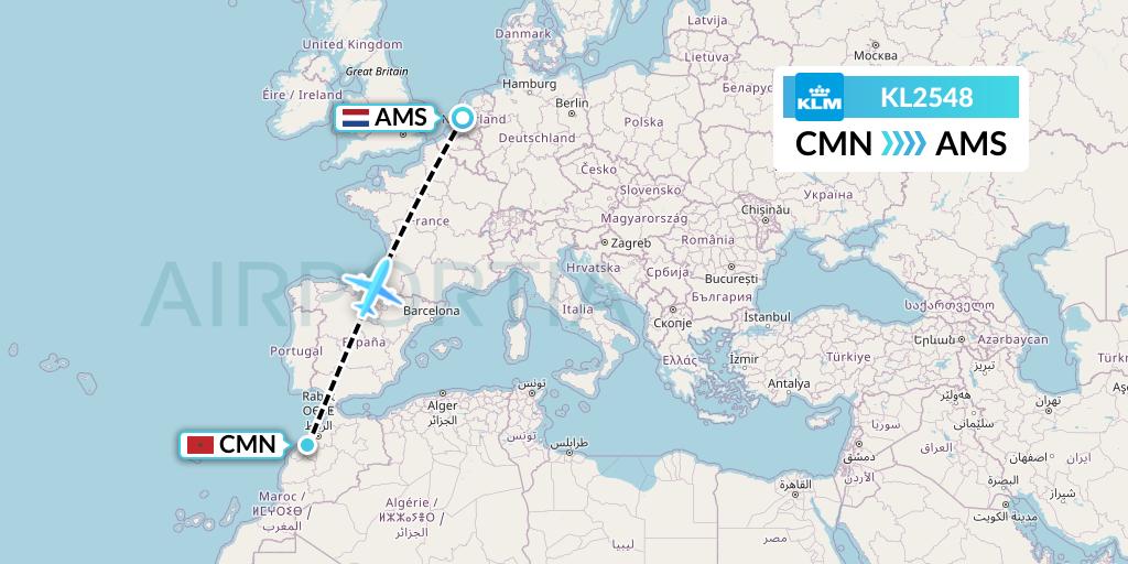 KL2548 KLM Flight Map: Casablanca to Amsterdam