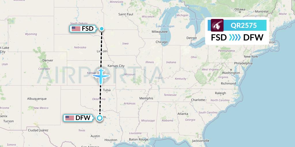 QR2575 Qatar Airways Flight Map: Sioux Falls to Dallas