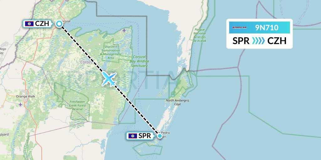 9N710 Tropic Air Flight Map: San Pedro to Corozal