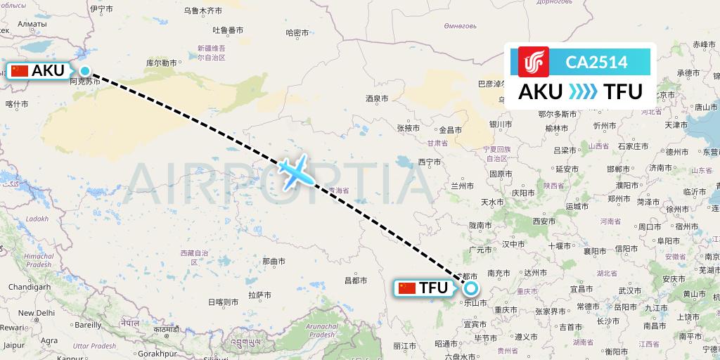 CA2514 Air China Flight Map: Aksu to Chengdu