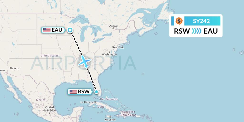 SY242 Sun Country Airlines Flight Map: Fort Myers to Eau Claire