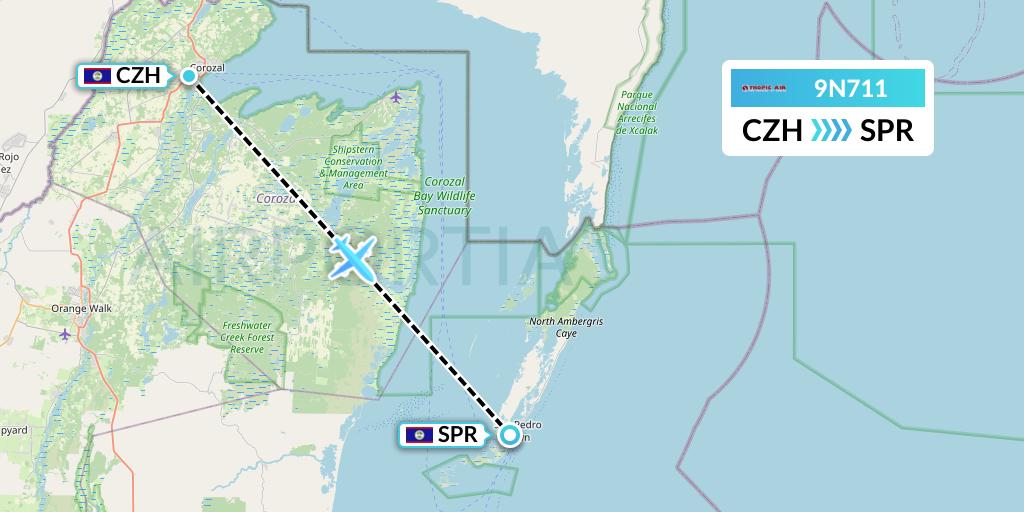 9N711 Tropic Air Flight Map: Corozal to San Pedro