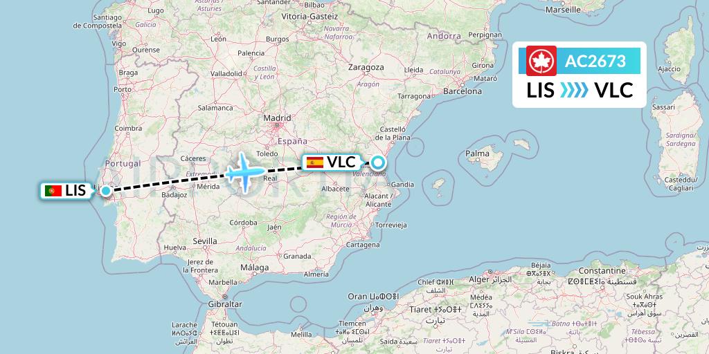 AC2673 Air Canada Flight Map: Lisbon to Valencia